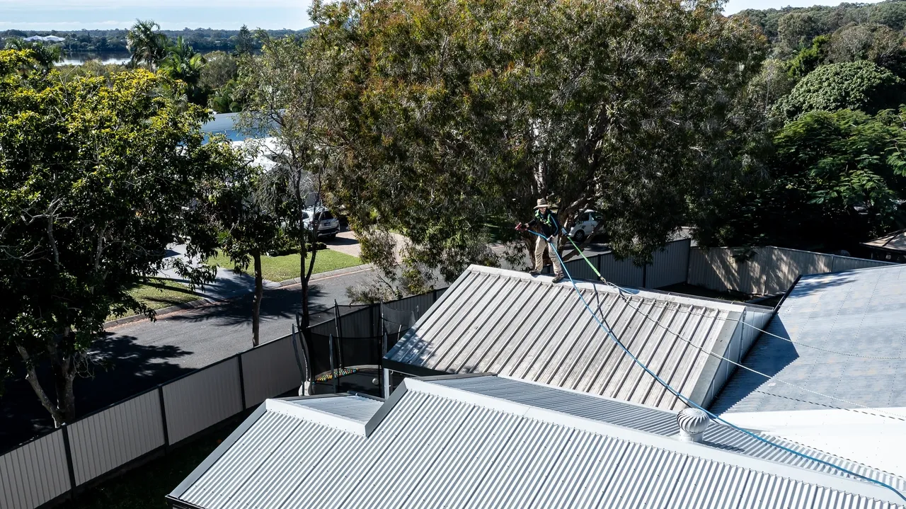 Soft wash roof clean in progress — half-cleaned roof showing the restoration result
